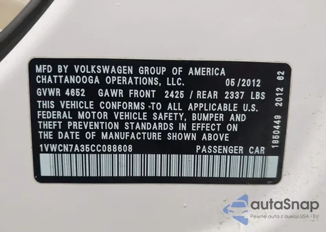 2012 Volkswagen Passat 2.0L Tdi Sel Premium from USA, damaged, VIN 1VWCN7A35CC088608